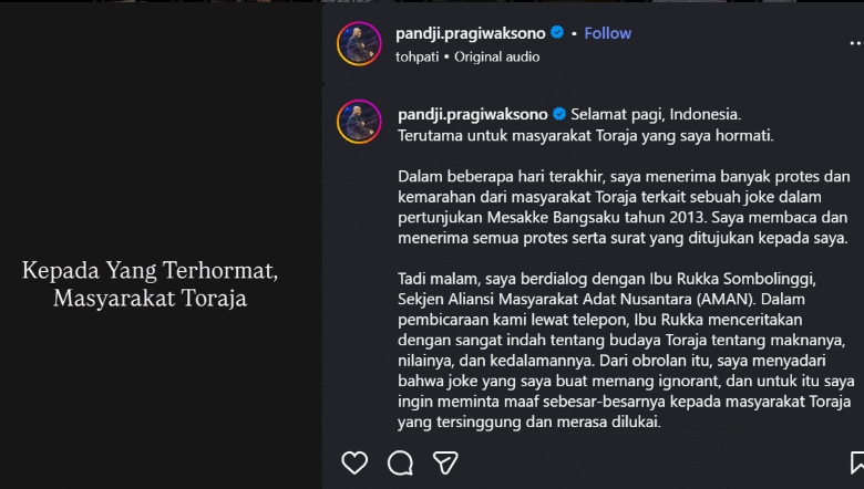 Dianggap Lecehkan Adat Toraja, Pandji Pragiwaksono Diminta Minta Maaf Secara Adat di Tongkonan